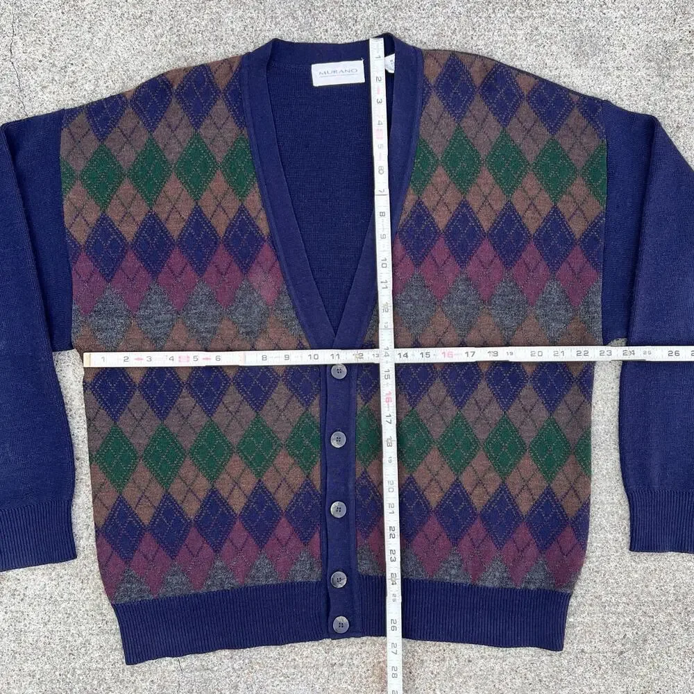 Vintage 90s Grandpa Cardigan Diamond Wool Blend Sweater Murano | Size Medium - Picture 3 of 5